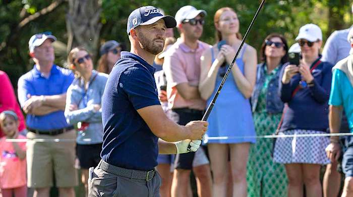 Wyndham Clark watches a shot in the second round of the 2024 Players Championship in Ponte Vedra Beach, Fla.
